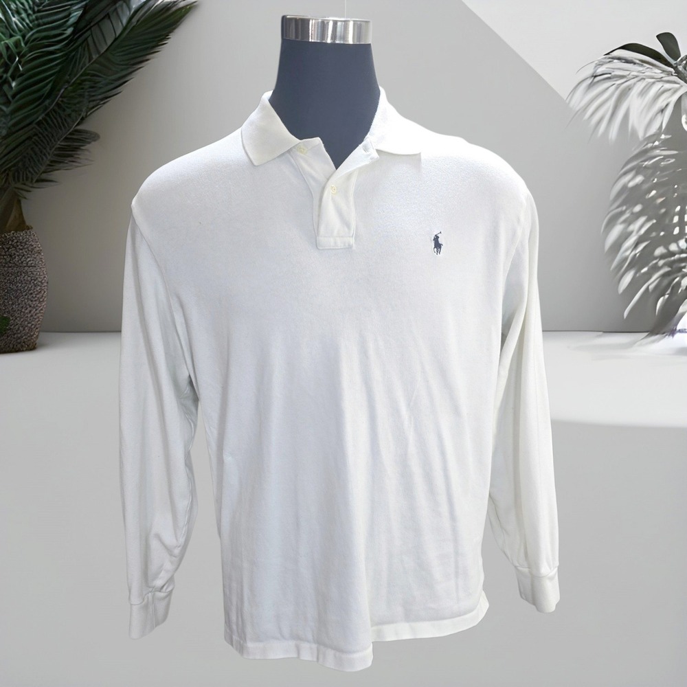 Polo Ralph Lauren Shirt Mens XL White Cotton Long Sleeve Polo Pony Logo Preppy